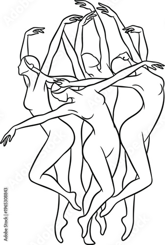 A graceful artistic line drawing featuring multiple dancing figures in a fluid circular motion.