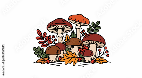 A charming illustration of various mushrooms and autumn foliage in a rustic style