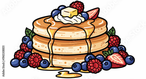 Stack of golden pancakes drizzled with syrup, topped with butter and berries