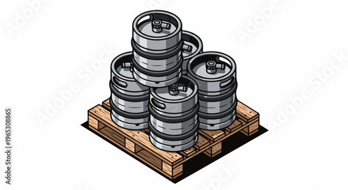 Stack of metal beverage kegs resting on a wooden pallet, isometric view