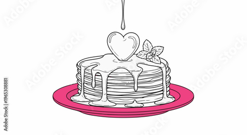 Stack of pancakes with heart topping, syrup, and mint on pink plate