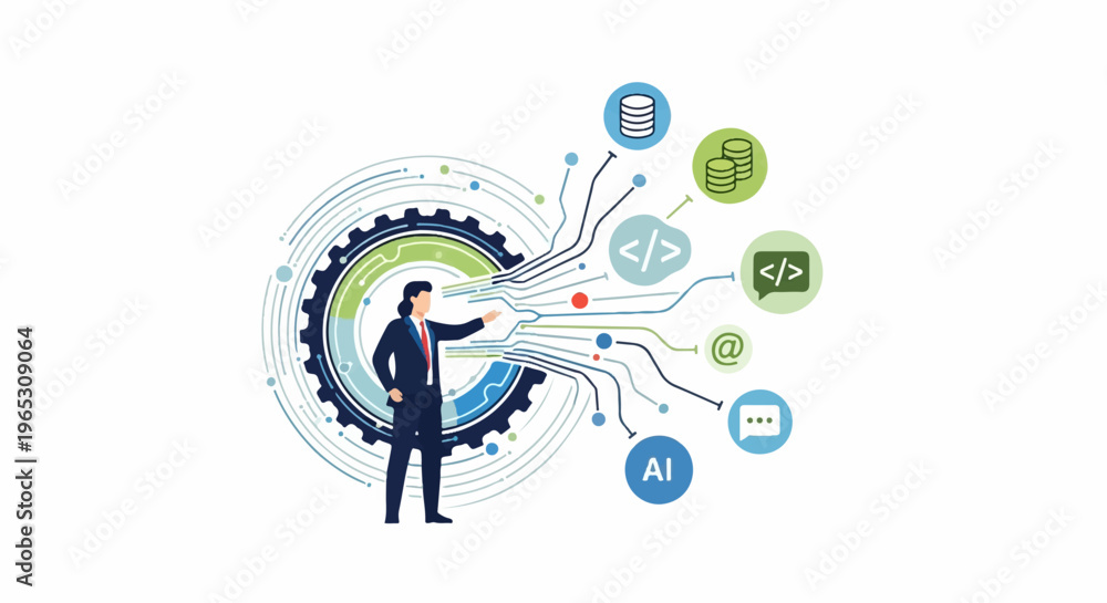Fototapeta premium Businessperson connecting to digital network with data, code, and communication icons