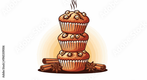 Stack of three delicious muffins with cinnamon and star anise