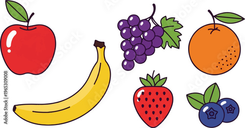 A collection of colorful, cartoon-style fruits including an apple, banana, grapes, orange, strawberry, and blueberries