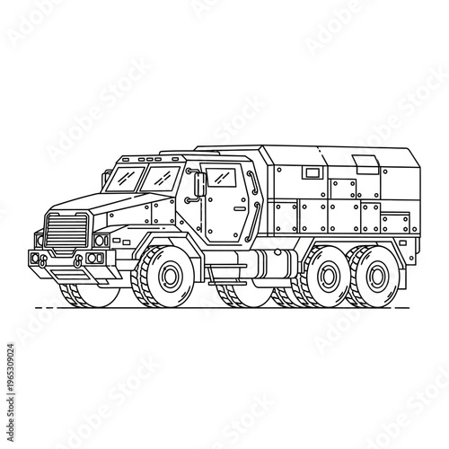 Armored Military Truck Vector Illustration - Outline Drawing of Heavy Duty Vehicle