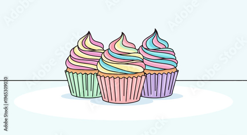 Three pastel-frosted cupcakes arranged in a cluster