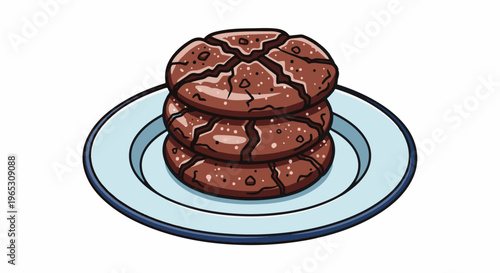 Stacked chocolate chip cookies on a light blue plate with a dark blue rim