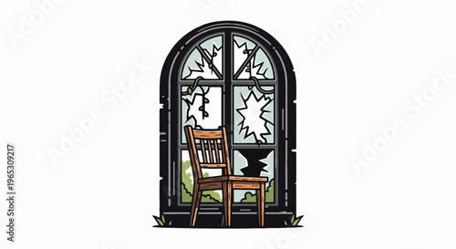 Abandoned wooden chair before broken arched window with vines