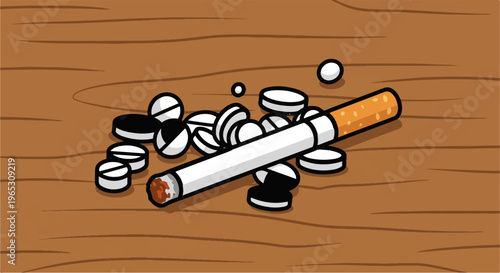 A lit cigarette rests on a wooden surface surrounded by pills