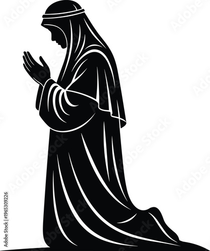 Silhouette illustration of kneeling person in prayer with flowing robes and head covering, symbolizing spirituality, faith, devotion, and reverence design