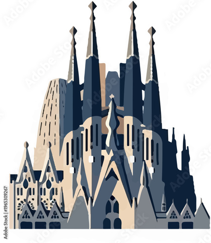 Stylized representation of a grand cathedral with pointed spires and intricate facades