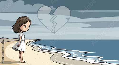 A lonely girl stands by the sea, with a broken heart in the sky