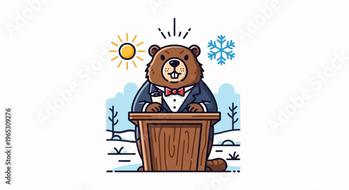 Cartoon beaver in suit and bowtie on podium with sun and snowflake