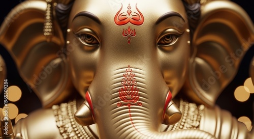 Close Up Lord Ganesha Face with Golden Light and Spiritual Glow for Festival Design