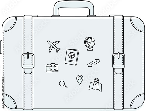 Outline illustration of a classic travel suitcase adorned with various icons representing global adventure and necessary journey documentation.