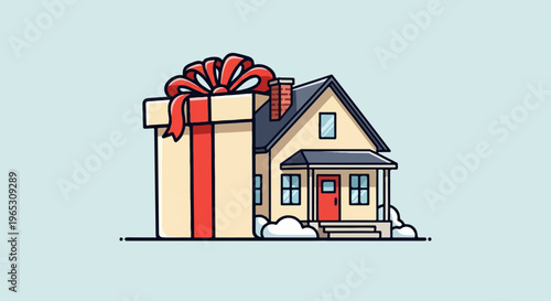 A house wrapped as a gift with a red ribbon against a pale blue background