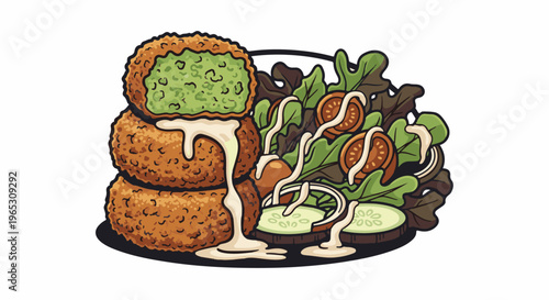 Stacked green fritters drizzled with creamy sauce, alongside fresh salad