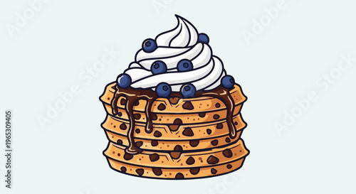 Stacked pancakes with whipped cream, blueberries, and chocolate syrup drizzle