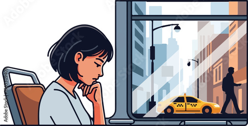 A pensive person sits in a bus, looking out the window at a city street with a yellow taxi