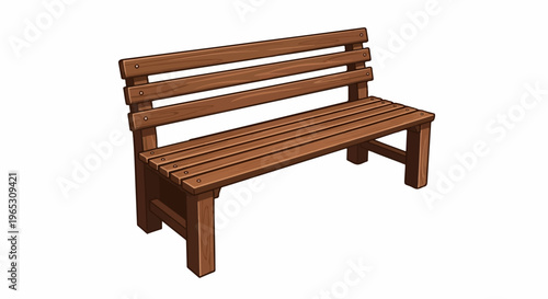 A simple wooden park bench with a slatted seat and back