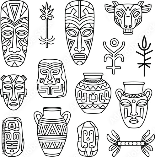 A collection of hand drawn tribal masks and ancient pottery items with intricate cultural design