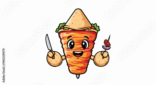 A smiling cartoon kebab character with a knife and skewer