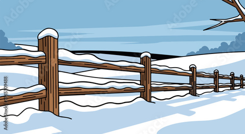 A snow-covered wooden fence stretches into the distance under a pale sky