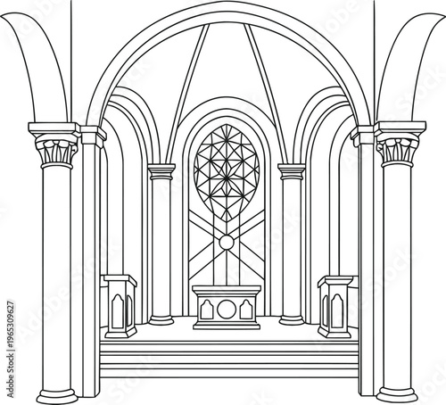 A detailed line art illustration of the interior of a gothic church with an altar and stained glass