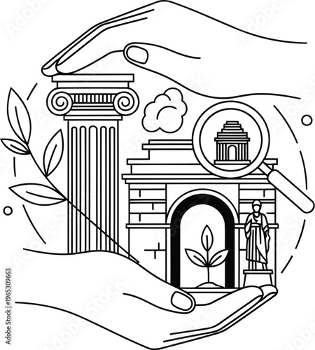A black and white line art illustration showing hands protecting historical architectural elements