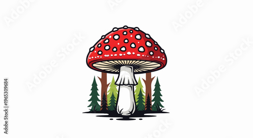 Stylized illustration of a red spotted mushroom in a forest clearing