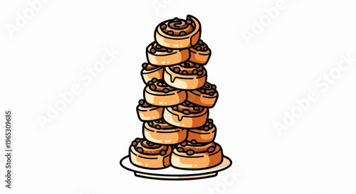 A tall stack of cinnamon rolls on a plate