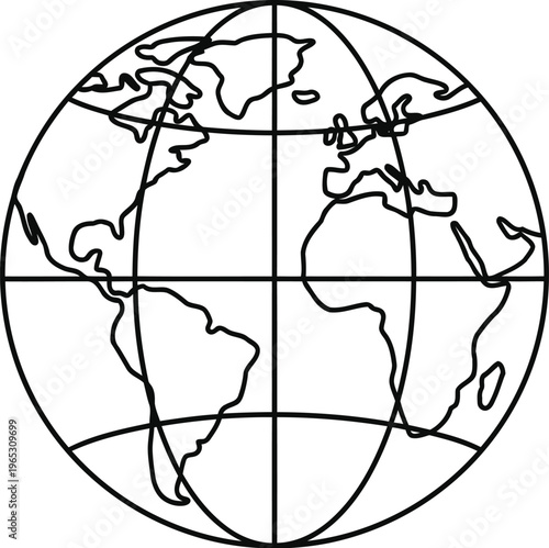 A simple black and white line art illustration of a globe showing the continents of the world