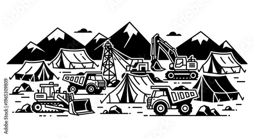 Mining Camp Scene with Heavy Equipment and Mountain Backdrop.