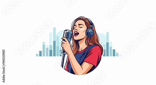 A woman wearing headphones sings into a vintage microphone with sound waves behind her