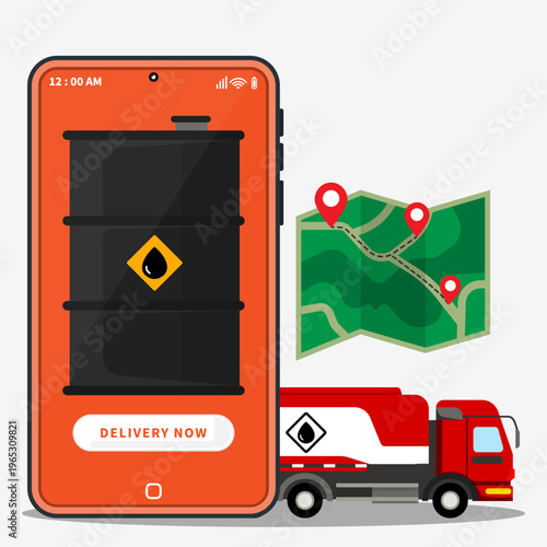 Mobile fuel delivery app with oil barrel, tanker truck, and route map. Concept of crude oil logistics service and technology transportation of fuel distribution