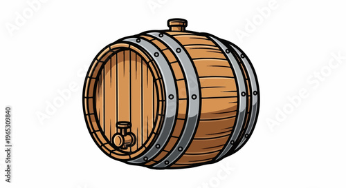 A wooden barrel with metal bands and a spigot, illustrated on a white background