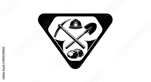Mining Emblem Featuring Pickaxe, Shovel, Helmet, and Ore in Triangle.