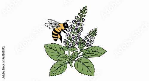 A yellow and black striped bee hovers near purple flowers on a green plant