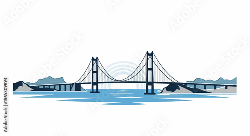Stylized iconic suspension bridge over water with distant hills and a foggy atmosphere