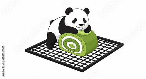 Adorable panda hugging a swirl cake on a cooling rack