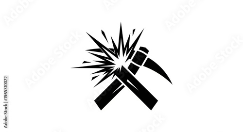 Mining explosion symbol with crossed pickaxes and radiating sparks.