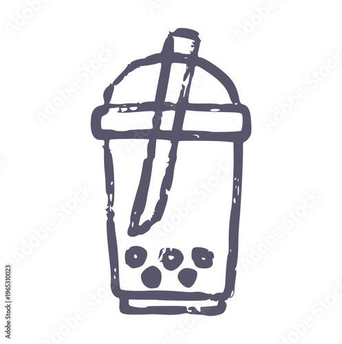 Boba Tea Hand Drawn Crayon Wax Doodle Element, Bubble Pearl Milk Tea with Straw, Asian Drink Concept, Rough Texture Illustration