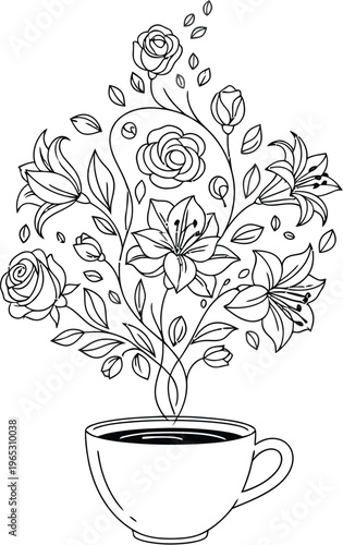 Delicate line art illustration featuring a teacup with blooming flowers and elegant botanical leaves gracefully rising from its rim.
