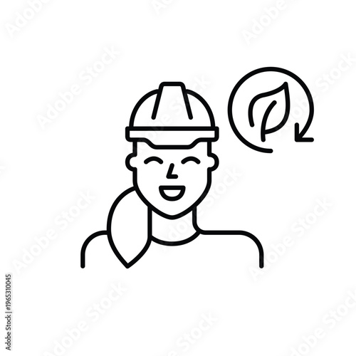Woman wearing hard hat, leaf and renew arrow. Sustainable construction and labor. Pixel perfect, editable stroke vector icon