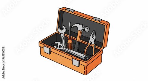An open orange toolbox containing a hammer, pliers, adjustable wrench, and screwdriver