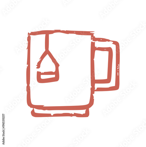 tea mug with tea bag, hand drawn, crayon wax, doodle element, hot herbal tea, breakfast beverage, or teatime concept, rough texture drawing icon