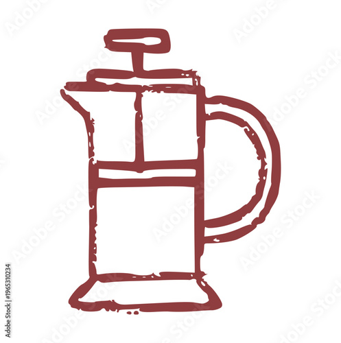 french press coffee maker, hand drawn, crayon wax, doodle element, manual cafe brewer, morning kitchenware, or caffeine brewing concept, rough texture drawing icon