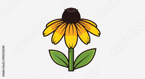 Cartoon black eyed susan flower with yellow petals and green leaves
