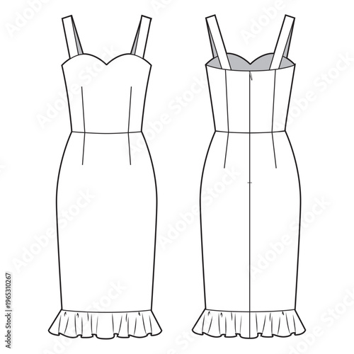 Cocktail dress, midi dress with frills technical drawing
