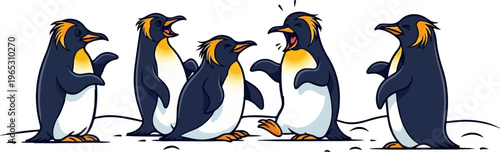 Cartoon penguins gathered together on snow